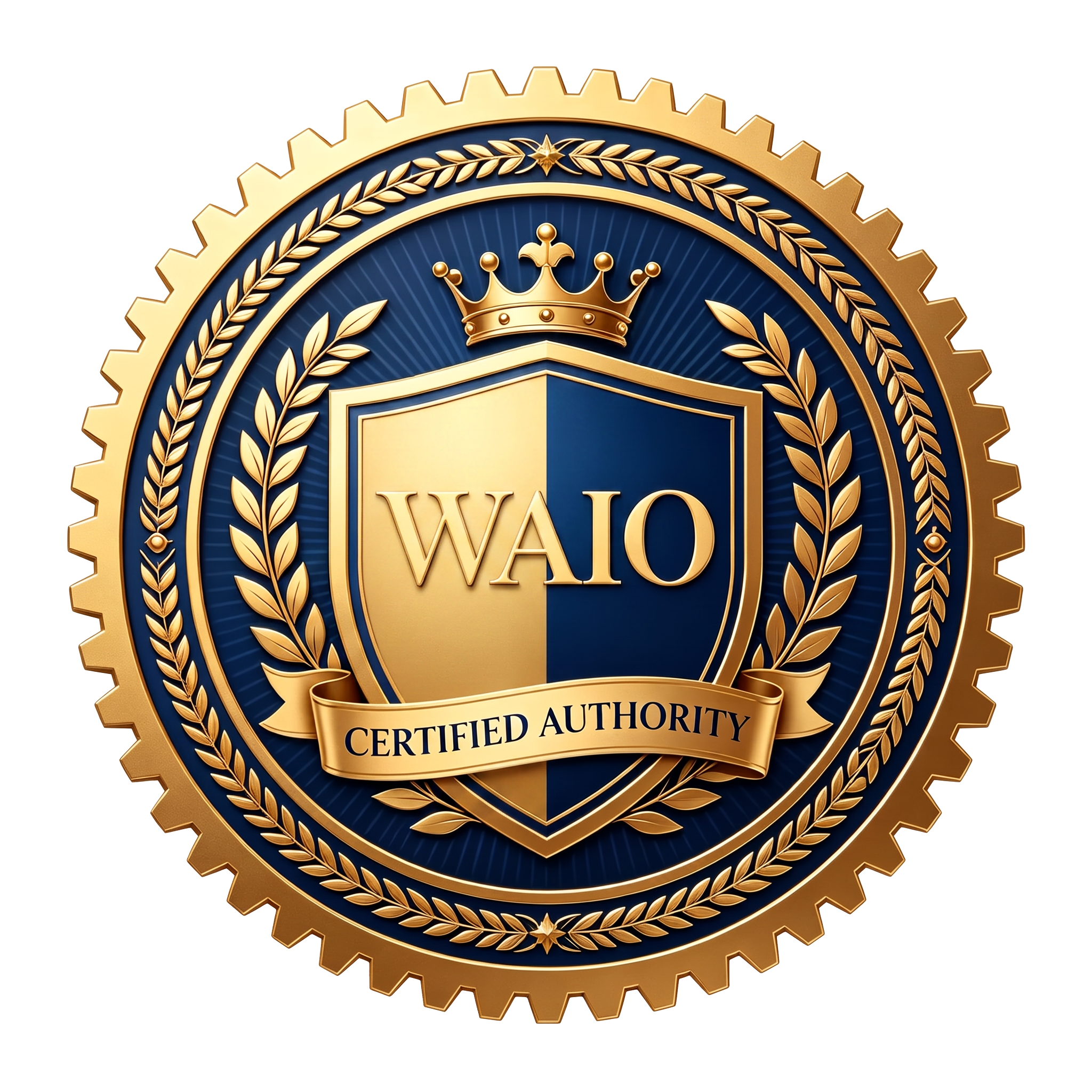 WAIO 认证徽章（金色齿轮与月桂环绕的蓝金盾徽）